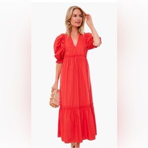 Hunter Bell Red Palmer Puff-Sleeve V-Neck Dress Medium EUC